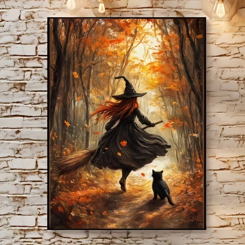 Interior Design Living Room - Retro Halloween Herfst Heks Op Bezemsteel